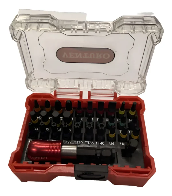 Materpack  12 Set 32 puntas atornilladoras surtidas alto impacto x 25mm "VENTURO"  (PH0,PH1,PH2,PH3 / SL3,SL4,SL5,SL6.5 / H2.5,H3,H4,H5,H5.5,H6 / T5,T6,T7,T8,T9,TT10, TT15,TT20, TT25,TT27,TT30,TT35,TT40 / SP4,SP6,SP8 / Comnector r?pido, Adaptador 1/4x25)