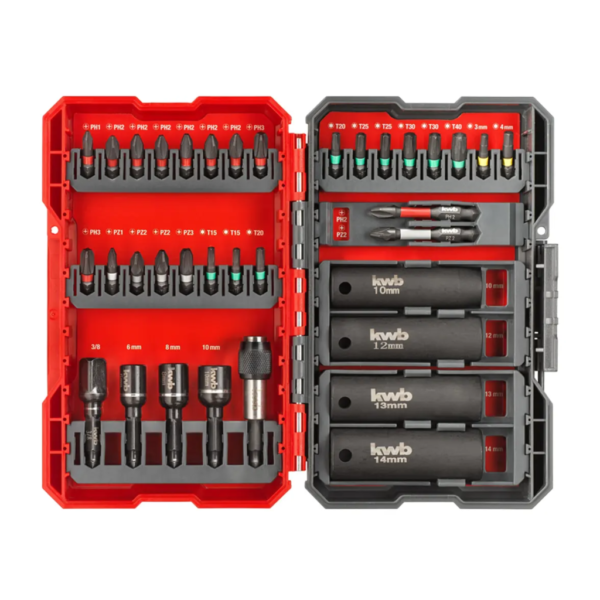 KIT DE PUNTAS Y ACCESORIOS - 35 PIEZAS. Contiene puntas, 4 llaves de vaso, porta puntas de cambio r?pido ? Puntas robustas mediante zona de torsi?n y acero modificado