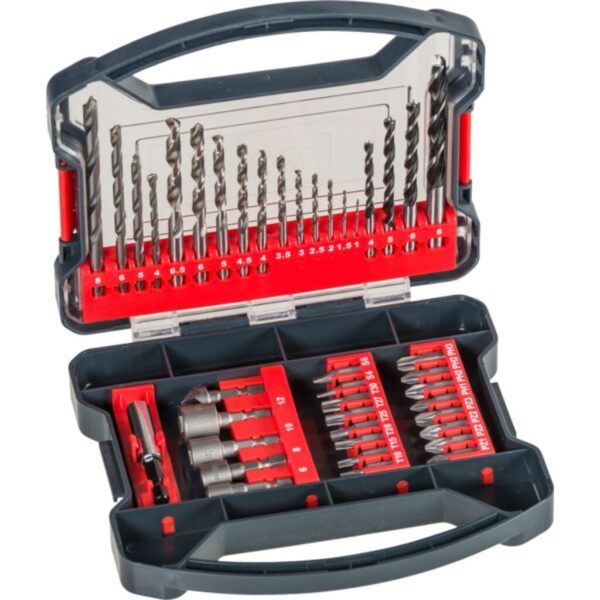 Set de 41 piezas. Incluye mechas para madera, metal y piedra, porta puntas, puntas PH, PZ y TORX, llaves vaso para tuercas