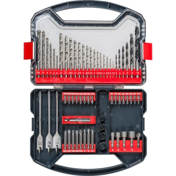 Set de 62 piezas. Incluye mechas para madera, metal y piedra, porta puntas, puntas PH, PZ y PLANA, llaves vaso para tuercas, mechas pala, fresador, tope de mecha