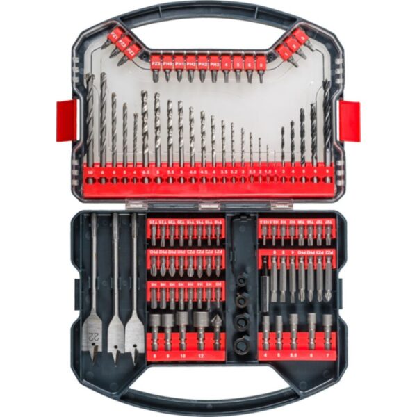 49109110 1 Set de 101 piezas. Incluye mechas para madera, metal y piedra, porta puntas, puntas varios encastres, llaves vaso para tuercas, mechas pala, fresador, tope de mecha