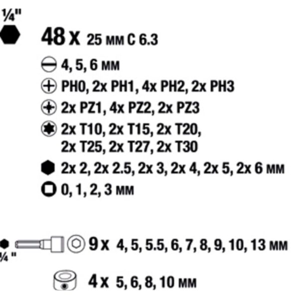 49109110 3 Set de 101 piezas. Incluye mechas para madera, metal y piedra, porta puntas, puntas varios encastres, llaves vaso para tuercas, mechas pala, fresador, tope de mecha