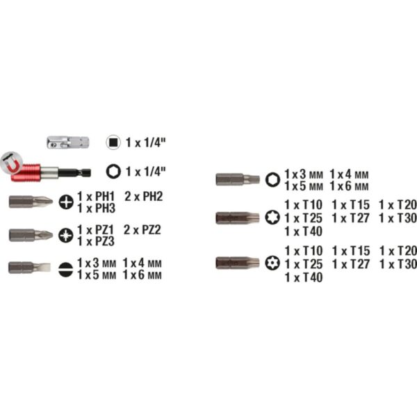 49118490 2 KIT DE PUNTAS - 32 piezas, con clip para el cintur?n, 30 puntas, inserci?n hexagonal 1/4", 25 mm, 1 soporte de cambio r?pido, 1 adaptador para vasos