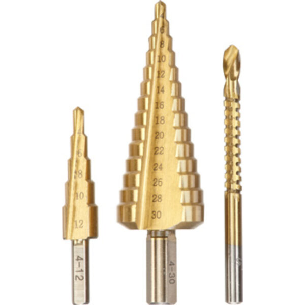 KIT DE BROCAS ESCALONADAS, 3 PIEZAS: ? 4 ? 12 mm, ? 4 ? 30 mm y broca-fresa de ?6mm
