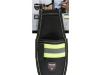FUNDA DE CUCHILLO calidad particularmente robusta, fila de doble costura con hilo amarillo y tira de seguridad reflectante, en el costado un lazo el?stico de pluma y clip de pantal?n de metal en la parte posterior.