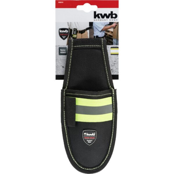 FUNDA DE CUCHILLO calidad particularmente robusta, fila de doble costura con hilo amarillo y tira de seguridad reflectante, en el costado un lazo el?stico de pluma y clip de pantal?n de metal en la parte posterior.