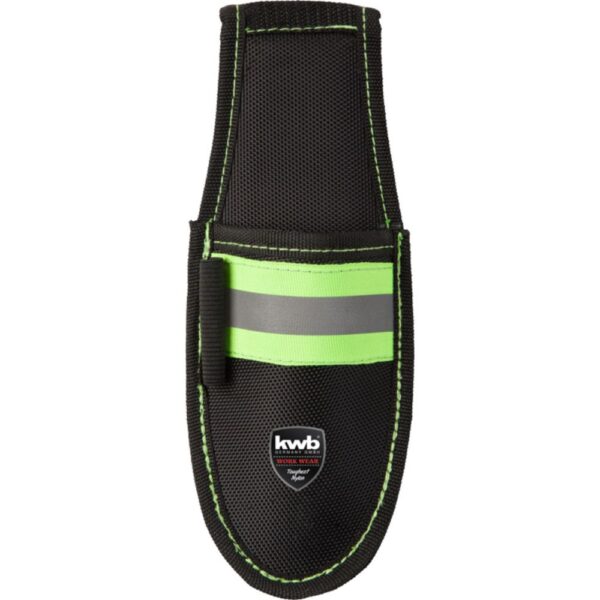 FUNDA DE CUCHILLO calidad particularmente robusta, fila de doble costura con hilo amarillo y tira de seguridad reflectante, en el costado un lazo el?stico de pluma y clip de pantal?n de metal en la parte posterior.