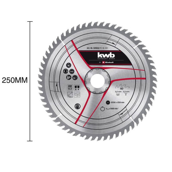 kwb-49589351 HOJA SIERRA, Di?metro 250 mm / Eje 30 mm / Espesor 3,2 mm / N?mero de dientes: 48 de carburo de tungsteno