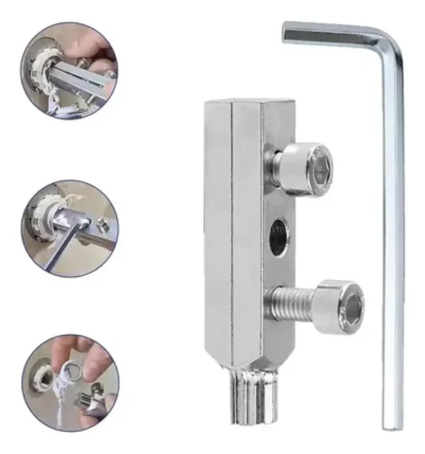 RU16041 1 EXTRACTOR DE CANILLAS ROTAS.
Usos: quitar roscas rotas de ca?os de agua y gas de 1/2 y 3/4".
Material: acero de alta resistencia con tratamiento anticorrosivo. dureza: 55HRC. Incluye llave allen 6mm.