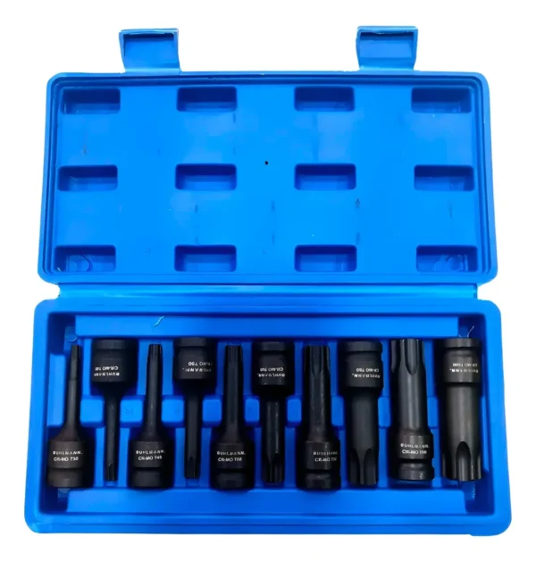 RU24008 2 JGO TORX ALTO IMPACTO ENC 1/2 X 10 PZ 30 A 100. medidas: T30-40-45-50-55-60-70-80-90-100. material: Cr-Mo. largo: 75 mm