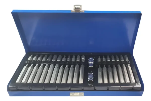 JGO de PUNTAS x 40 PZ TORX-ALLEN-MULTIESTRIA MATERIAL S-2. encastre: 3/8 y 1/2".
Multiestr?a x 30mm: 5, M-6, M-8, M-10, M-12. Multiestr?a x 75mm: 5, M-6, M-8, M-10, M-12
Torx x 30mm: 20, T-25, T-30, T-40, T-45, T-50, T55. Torx x 75mm"20, T-25, T-30, T-40, T-45, T-50, T55
Hexagonal x 30mm: 4, 5, 6, 7, 8, 10, 12mm. Hexagonal x 75mm: 4, 5, 6, 7, 8, 10, 12mm
Multiestr?a x 30mm: M-5, M-6, M-8, M-10, M-12. Multiestr?a x 75mm: M-5, M-6, M-8, M-10, M-12