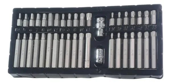 JGO de PUNTAS x 40 PZ TORX-ALLEN-MULTIESTRIA MATERIAL S-2. encastre: 3/8 y 1/2".
Multiestr?a x 30mm: 5, M-6, M-8, M-10, M-12. Multiestr?a x 75mm: 5, M-6, M-8, M-10, M-12
Torx x 30mm: 20, T-25, T-30, T-40, T-45, T-50, T55. Torx x 75mm"20, T-25, T-30, T-40, T-45, T-50, T55
Hexagonal x 30mm: 4, 5, 6, 7, 8, 10, 12mm. Hexagonal x 75mm: 4, 5, 6, 7, 8, 10, 12mm
Multiestr?a x 30mm: M-5, M-6, M-8, M-10, M-12. Multiestr?a x 75mm: M-5, M-6, M-8, M-10, M-12