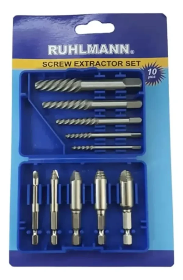 RU25010 1 JGO EXTRACTOR DE TORNILLOS X 10 PZS. Usos: ideal para extraer tornillos cabeza cortada o redondeada.material: Cr-Va.