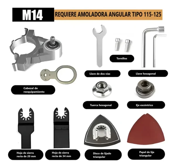 RU25503 2 KIT DE MULTICORTE P/ADAPTAR A LA AMOLADORA 115 MM X 11PZ
compatible con todas las marcas de amoladoras de 115mm. Incluye: cuerpo metalico, lijas 2, base de lijas, llave de ajuste.
2 cuchillas, llave allen, tuercas y adap de goma.