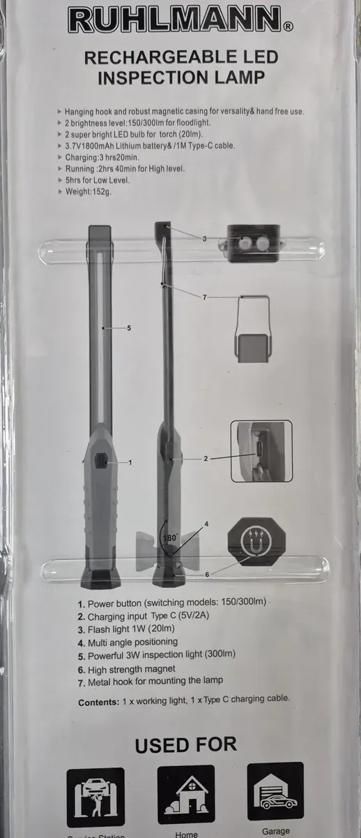 LINTERNA INSPECCION RECARGABLE 3W - plegable
base magnetica, giratoria 180*. Gancho p/colgar. Cable usb-c. Duracion de bateria: 5 hs. 150/300 Lm. Bateria: 1800mAh