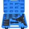 KIT EXTRACTOR DE POLEAS de AMORTIGUADOR incluye: 3 mordazas ajustables + 3 de reemplazo, 4 varillas de fza y 1 tornillo. Es ideal para sacar poleas de amortiguador sin quitar el radiador. Usos: autos, camionetas y camiones. Material: Cr-Mo. recubrimiento antioxidante.