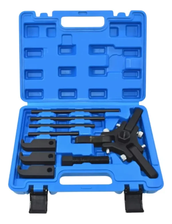 KIT EXTRACTOR DE POLEAS de AMORTIGUADOR incluye: 3 mordazas ajustables + 3 de reemplazo, 4 varillas de fza y 1 tornillo. Es ideal para sacar poleas de amortiguador sin quitar el radiador. Usos: autos, camionetas y camiones. Material: Cr-Mo. recubrimiento antioxidante.