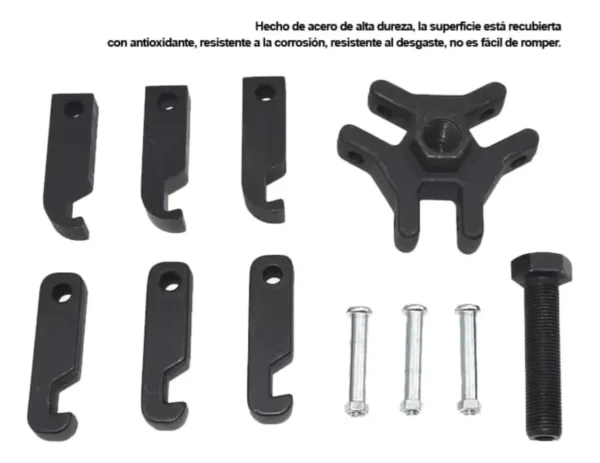 KIT EXTRACTOR DE POLEAS de AMORTIGUADOR incluye: 3 mordazas ajustables + 3 de reemplazo, 4 varillas de fza y 1 tornillo. Es ideal para sacar poleas de amortiguador sin quitar el radiador. Usos: autos, camionetas y camiones. Material: Cr-Mo. recubrimiento antioxidante.