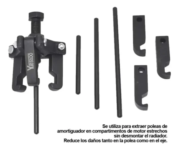 KIT EXTRACTOR DE POLEAS de AMORTIGUADOR incluye: 3 mordazas ajustables + 3 de reemplazo, 4 varillas de fza y 1 tornillo. Es ideal para sacar poleas de amortiguador sin quitar el radiador. Usos: autos, camionetas y camiones. Material: Cr-Mo. recubrimiento antioxidante.