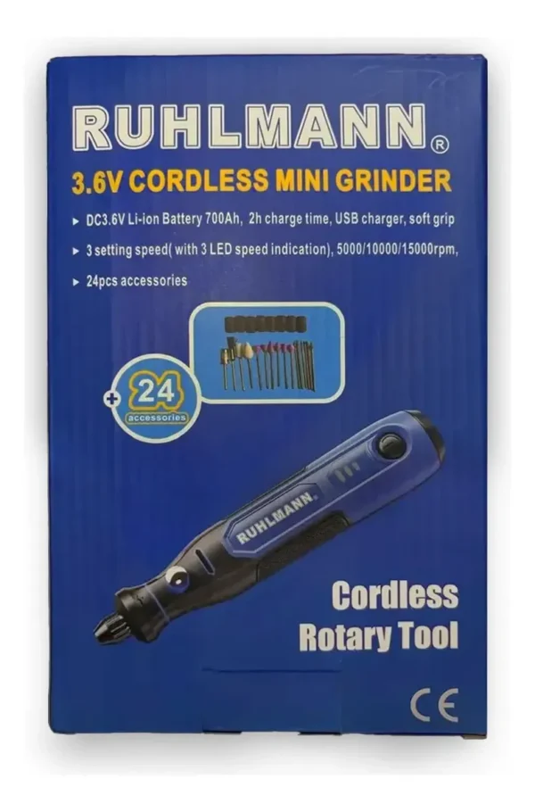 RU58500 1 MINITORNO USB 3.6V CE 24 pz.
Bateria: litio 3,6 v. 700 mAh. USB-C. Largo cable 0,50 m. tiempo de carga: 2hs.
3 velocidades. RPM: 5000-10000-15000 con indicacion x led. Tpo de uso continuo: 70 min.
