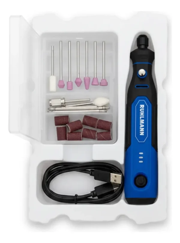 RU58500 2 MINITORNO USB 3.6V CE 24 pz.
Bateria: litio 3,6 v. 700 mAh. USB-C. Largo cable 0,50 m. tiempo de carga: 2hs.
3 velocidades. RPM: 5000-10000-15000 con indicacion x led. Tpo de uso continuo: 70 min.