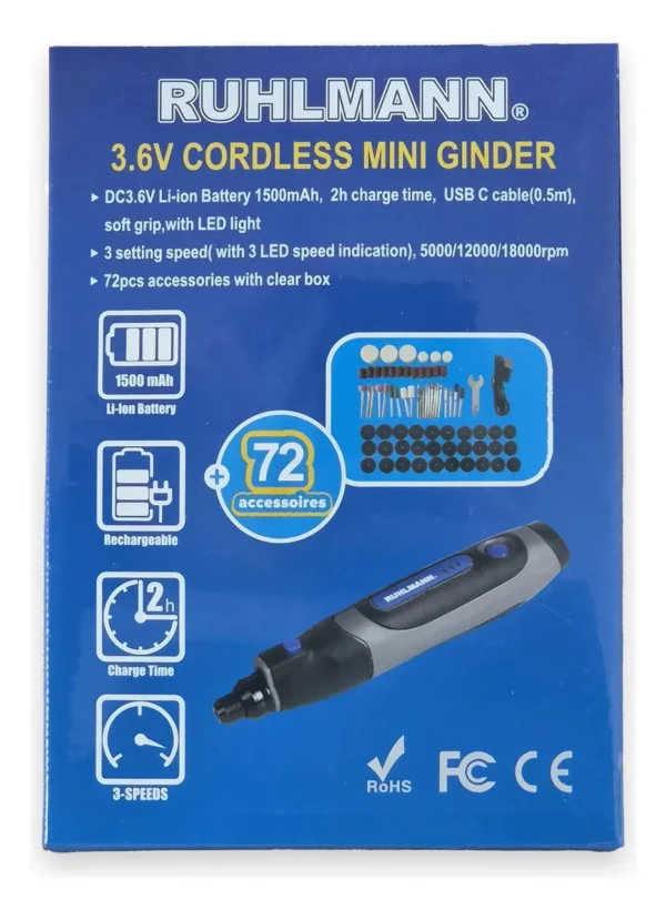 MINITORNO USB 3.6V CE 72PC
Bateria: litio 3,6 v. 1500 mAh. USB-C. Largo cable 0,50 m. tiempo de carga: 2hs
3 velocidades. RPM: 5000-12000-18000 con indicacion x led.