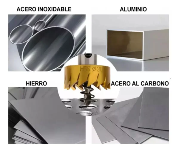 SIERRA COPA TITANIO JGO X 5 PZ 
medida: 16-18,5-20-22-30 mm. usos: acero inox, hierro, cobre, aluminio, melamina, fibra de vidrio,
