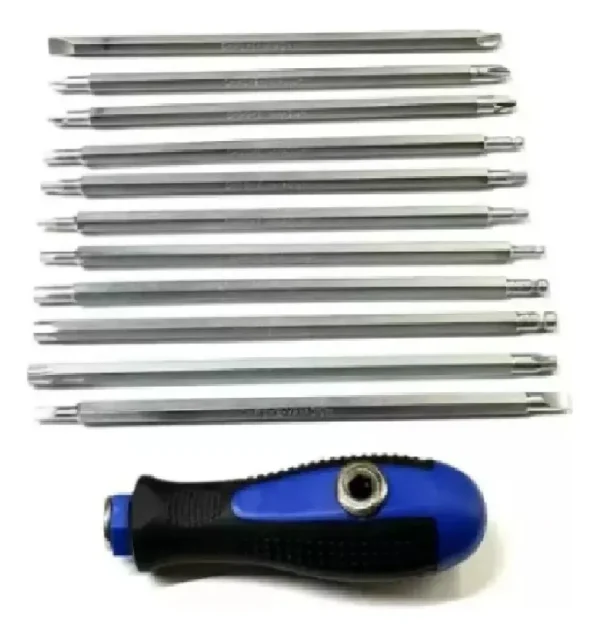 RU6961 2 DESTORNILLADOR 22-1. (llave T + destornillador)
incluye: 1 mango. 2 puntas PZ1-PZ2.-3 puntas PH1-PH2-PH3. 3 puntas PL 4-5,5-6 mm.- 4 puntas ALLEN 3-4-5-6 mm
4 punta ALLEN punta bola 3-4-5-6, - TORX 10-15-20-25-30-40