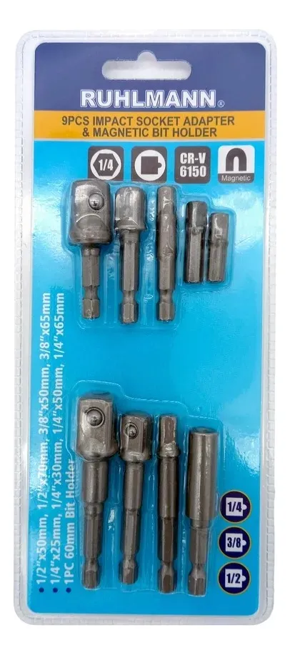 RU8581 1 ADAPTADORES JGO X 9 PZ ENC 1/4"
1/2 x 50mm, 12 x 70 mm, 3/8 x 50mm, 3/8 x 65mmm. 1/4 x25mm, 1/4 x 30mm, 1/4 x 50mm, 1/4 x 65mm adap magnetico