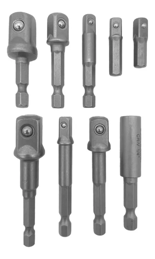 RU8581 2 ADAPTADORES JGO X 9 PZ ENC 1/4"
1/2 x 50mm, 12 x 70 mm, 3/8 x 50mm, 3/8 x 65mmm. 1/4 x25mm, 1/4 x 30mm, 1/4 x 50mm, 1/4 x 65mm adap magnetico