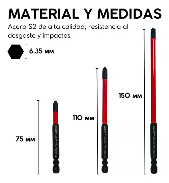 PUNTA PHILLIPS FPH 2 x 75-110-150 MM X 6 PZ.  Material: ALTO IMPACTO. Magneticas. Tiene ranura combinada especial para electricistas.