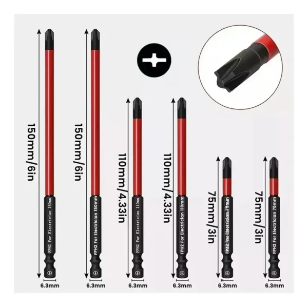 PUNTA PHILLIPS FPH 2 x 75-110-150 MM X 6 PZ.  Material: ALTO IMPACTO. Magneticas. Tiene ranura combinada especial para electricistas.