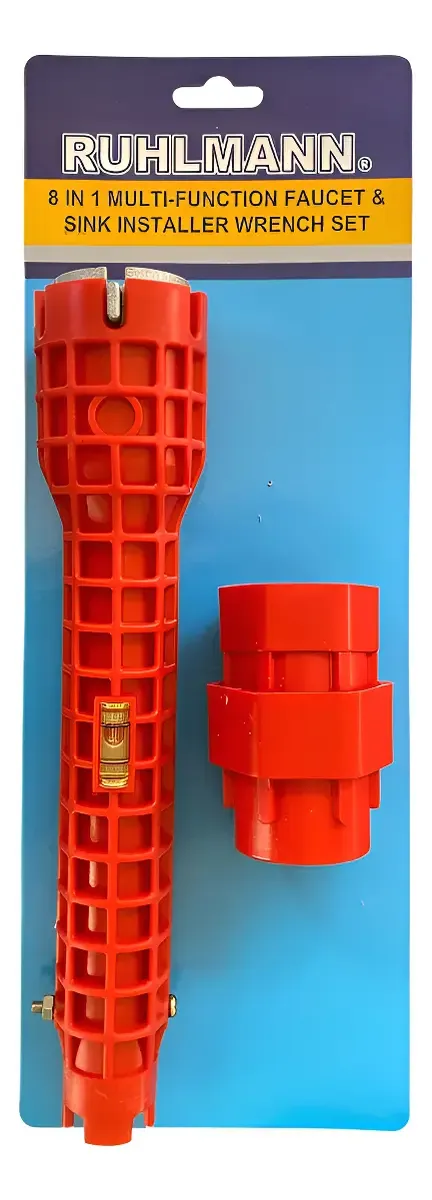 RU30250 1 LLAVE LAVATORIO PLOMERO MULTIPLE C/NIVEL 8 en 1. tuercas plasticas : 34-40 mm. tuerca alum: 1/2"-3/4"-20-23-27 mm
cuerpo rojo: plastico de alta resistencia (ABS)
