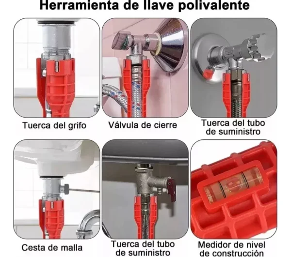 RU30250 3 LLAVE LAVATORIO PLOMERO MULTIPLE C/NIVEL 8 en 1. tuercas plasticas : 34-40 mm. tuerca alum: 1/2"-3/4"-20-23-27 mm
cuerpo rojo: plastico de alta resistencia (ABS)