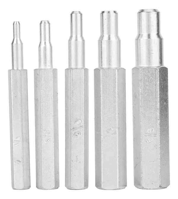 RU33000 1 PUNZON EXPANSOR P/CA?OS DE COBRE X 5 PZ. 1/4-5/16-3/8-1/2-5/8. Se utiliza para expandir los ca?os de cobre en refrigerancion.
Medidas: 1/4: 0,4 a 0,65cm / 5/16: 0,6 a 0,8 cm / 3/8: 0,7 a 0,95 cm / 1/2: 1 a 1,27 cm / 5/8: 1,3 a 1,6 cm.