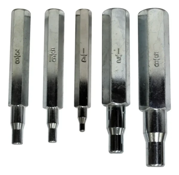 RU33000 2 PUNZON EXPANSOR P/CA?OS DE COBRE X 5 PZ. 1/4-5/16-3/8-1/2-5/8. Se utiliza para expandir los ca?os de cobre en refrigerancion.
Medidas: 1/4: 0,4 a 0,65cm / 5/16: 0,6 a 0,8 cm / 3/8: 0,7 a 0,95 cm / 1/2: 1 a 1,27 cm / 5/8: 1,3 a 1,6 cm.