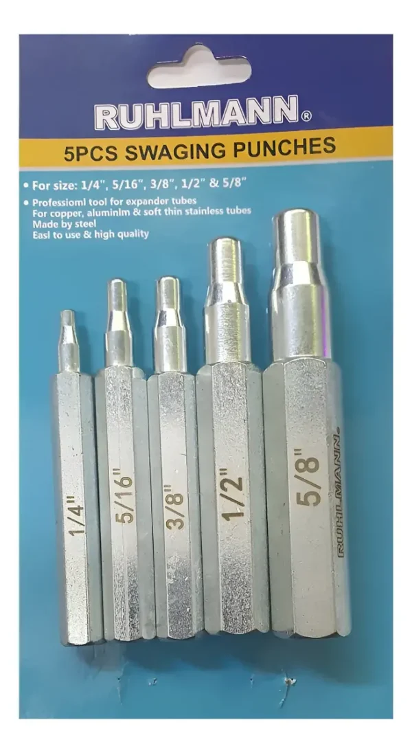 RU33000 3 PUNZON EXPANSOR P/CA?OS DE COBRE X 5 PZ. 1/4-5/16-3/8-1/2-5/8. Se utiliza para expandir los ca?os de cobre en refrigerancion.
Medidas: 1/4: 0,4 a 0,65cm / 5/16: 0,6 a 0,8 cm / 3/8: 0,7 a 0,95 cm / 1/2: 1 a 1,27 cm / 5/8: 1,3 a 1,6 cm.