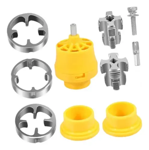 RU40100 3 TERRAJA DE PVC P/TALADRO 1/2-3/4- 1". Enc 1/4" usos: fabricar roscas en ca?os de pvc,
es ideal reparar o armando de tuberias nuevas de pvc o polipropileno. Capacidad: 1/2-3/4-1".