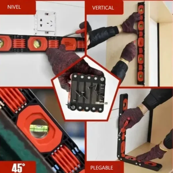 RU55050 3 NIVEL PLEGABLE MAGNETICO 5 LADOS + 4 BURBUJAS
permite mediciones en multiples posiciones, angulos y superficies.
2 Burbujas de 180 gr, 45 gr y 90 gr.
Medidas: largo gral 70 cm. Tramo 14 cm. Alto 10 cm. Esp 5cm