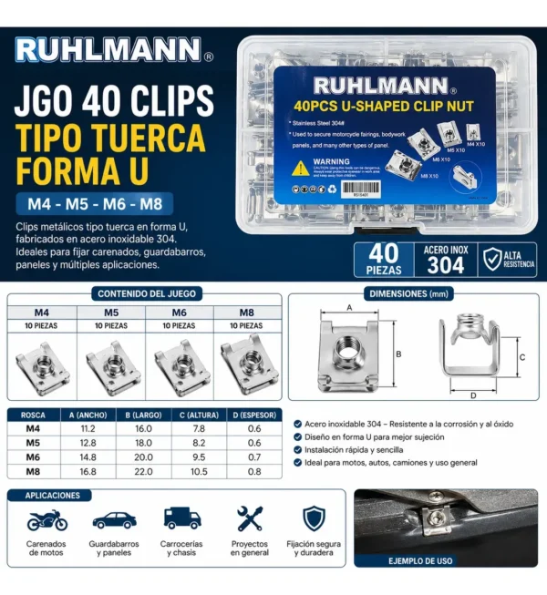 JGO 50 CLIPS TIPO TUERCA FORMA U. m 4-5-6-8 (BULTO X 30)