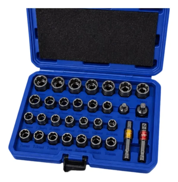 RU16008 1 JGO TUBOS SACA TUERCAS ENC.1/4 ? ?" x 33PCS.Permite sacar tuercas redondeadas, oxidadas o da?adas.Medidas: ? x 12-13-14-15-16-17-18-19 / ?: 5-6-7-8-9-10-11-12-13.Adaptador 1/4-1/4 y 1/4-3/8.