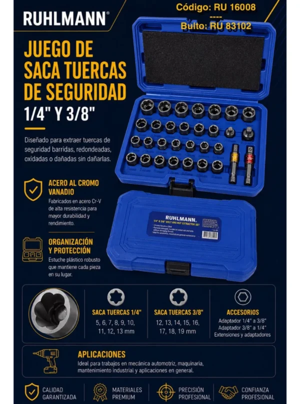 RU16008 2 JGO TUBOS SACA TUERCAS ENC.1/4 ? ?" x 33PCS.Permite sacar tuercas redondeadas, oxidadas o da?adas.Medidas: ? x 12-13-14-15-16-17-18-19 / ?: 5-6-7-8-9-10-11-12-13.Adaptador 1/4-1/4 y 1/4-3/8.