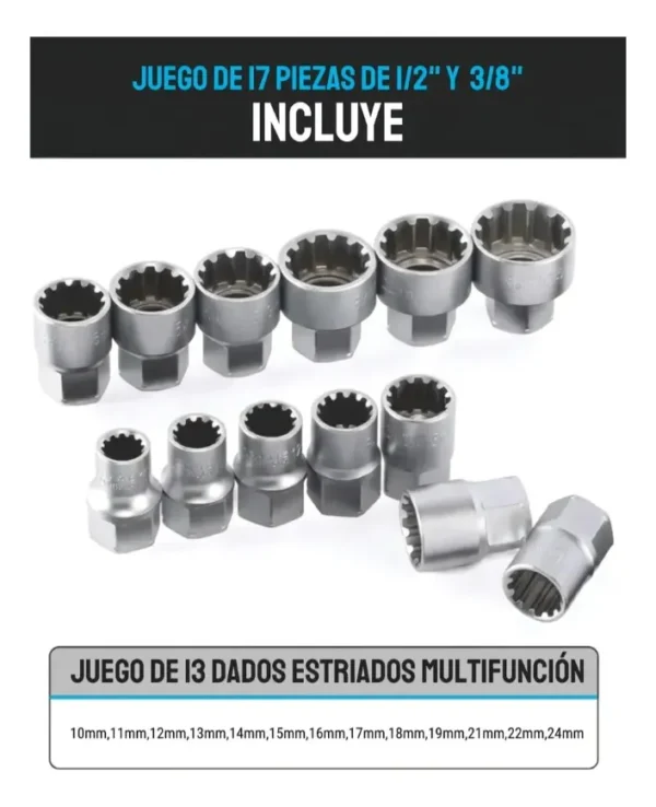 RU22010 3 JGO DE TUBOS MULTILOCK PASANTE X 17 PZ 1/2-3/8Hexagonales: 10 ? 11 ? 12 ? 13 ? 14 ? 15 ? 16 ? 17 ? 18 ? 19 ? 21 ? 22 ? 24 mm Multiestr?a: 10 ? 11 ? 12 ? 13 ? 14 ? 15 ? 16 ? 17 ? 18 ? 19 ? 21 ? 22 ? 24 mm Pulgadas (SAE): 3/8? ? 7/16? ? 15/32? ? 1/2? ? 19/32? ? 5/8? ? 3/4? ? 7/8? ? 15/16? Torx: E12 ? E14 ? E16 ? E18 ? E20 ? E22 ? E24