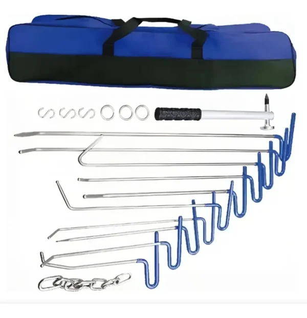 RU43193 1 18 PZ KIT SACABOLLOS PALANCAS Y VARILLA PROFESIONAL.
Juego de Varillas Sacabollos para extraer el bollo desde adentro.
Contiene 10 varillas de diferentes largos y formas.. Diametro 1 cm a 0.8 cm - Largo de 74 a 29 cm
Martillo punzonador, cadena tiradora, 3 ganchos S y 3 argollas.
Material: Cromo Vanadio.
