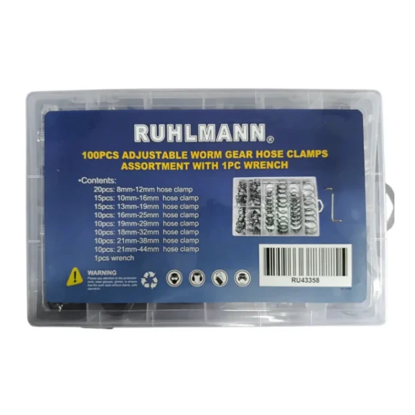 RU43358 2 100PC ABRAZADERAS 8-44 MM ACERO INOX.
Contiene: 20 pz 8-12 mm / 15 pz 10-13-16-19 mm / 10 pz 16-18-19-21-21-25-29-32-38-44 mm.+ 1 destornillador PH-PL.